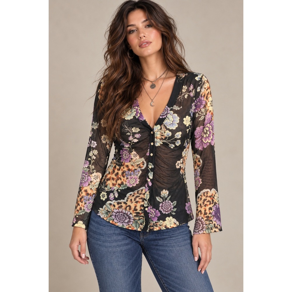 Y2K Whimsigoth Floral Leopard Mesh Button Top Black Bell Sleeve M